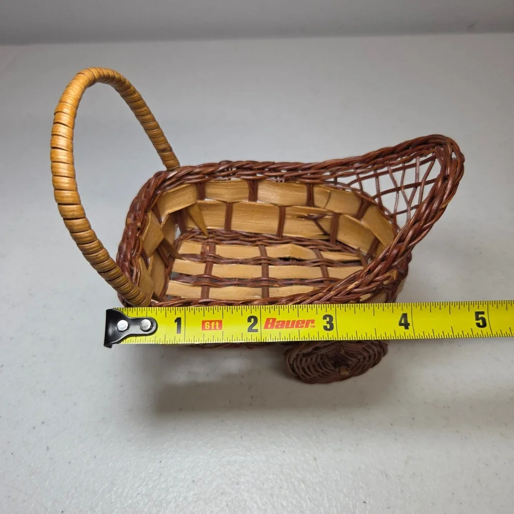 Vintage Miniature Wicker Basket Wagon Small Decorative Cart Brown Wood